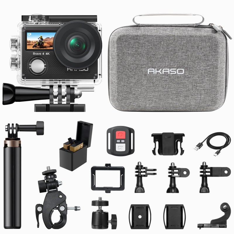 AKASO Brave 4 Action Camera with Selfie Stick Tripod and Carrying Case Bundle 4K30 20MP Ultra Hd EIS 131ft Underwater Camera 5xZoom Dual Screen with Helmet and Bicycle Accessories Kit - Image 2