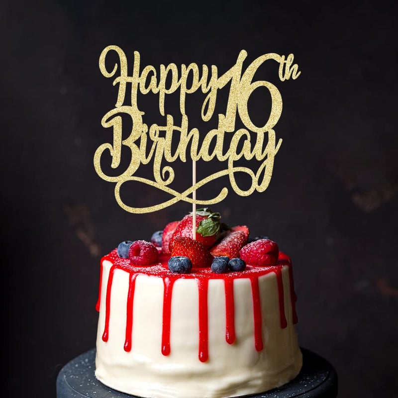 Qertesl Gold Glitter Happy 16th Birthday Cake Topper Cheers to 16 Years happy 16th Birthday Cake Topper 16th Anniversary Cake Topper  men and women 16 years old happy birthday Party Decoration - Image 1