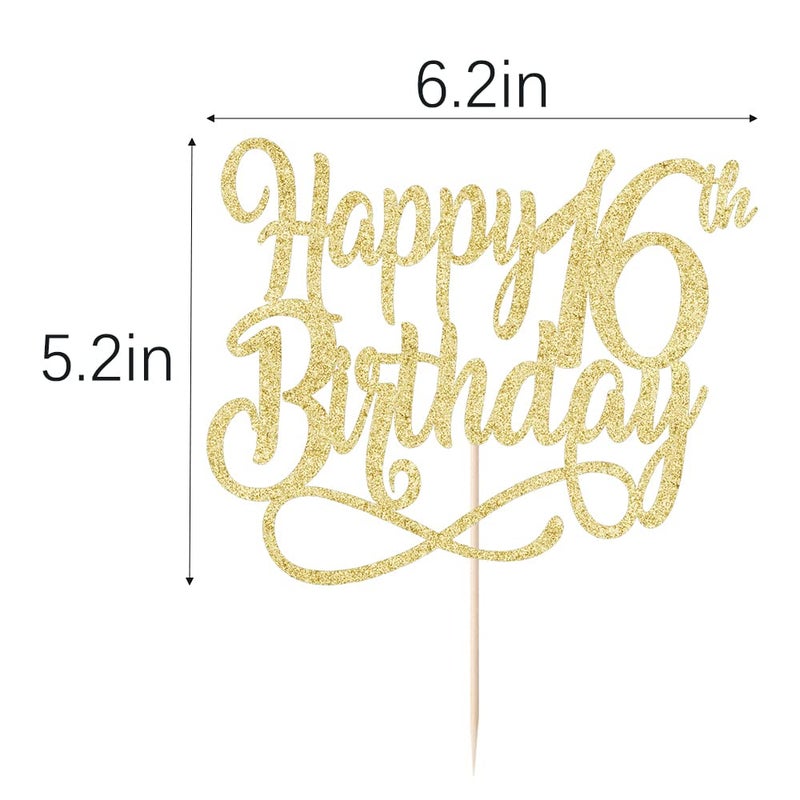 Qertesl Gold Glitter Happy 16th Birthday Cake Topper Cheers to 16 Years happy 16th Birthday Cake Topper 16th Anniversary Cake Topper  men and women 16 years old happy birthday Party Decoration - Image 3