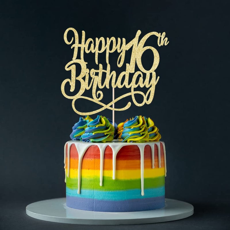 Qertesl Gold Glitter Happy 16th Birthday Cake Topper Cheers to 16 Years happy 16th Birthday Cake Topper 16th Anniversary Cake Topper  men and women 16 years old happy birthday Party Decoration - Image 4