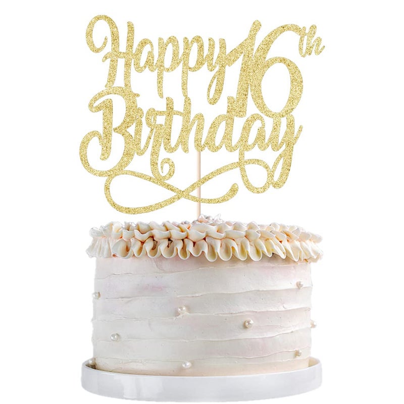 Qertesl Gold Glitter Happy 16th Birthday Cake Topper Cheers to 16 Years happy 16th Birthday Cake Topper 16th Anniversary Cake Topper  men and women 16 years old happy birthday Party Decoration - Image 2