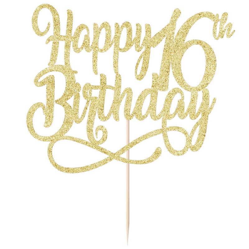 Qertesl Gold Glitter Happy 16th Birthday Cake Topper Cheers to 16 Years happy 16th Birthday Cake Topper 16th Anniversary Cake Topper  men and women 16 years old happy birthday Party Decoration - Image 5