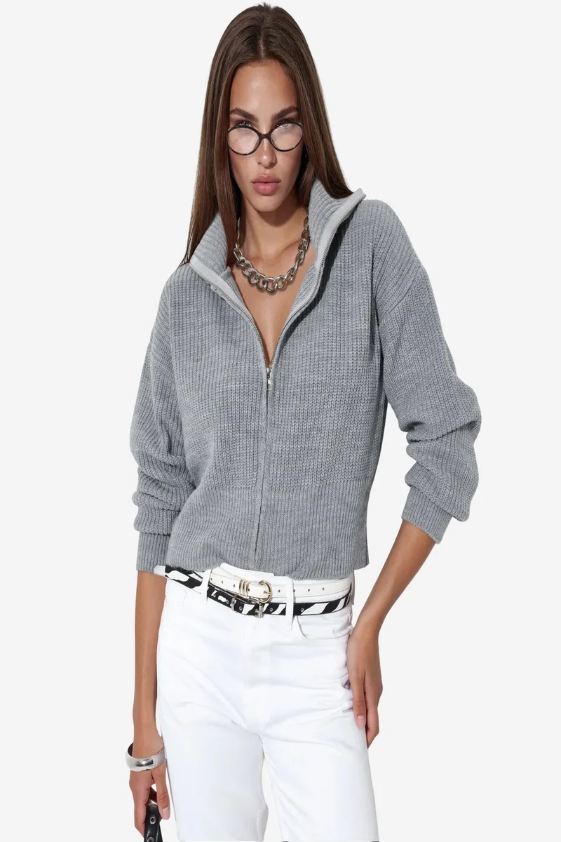 Viorna VIORNA Women’s Cropped Ribbed Zip Cardigan
