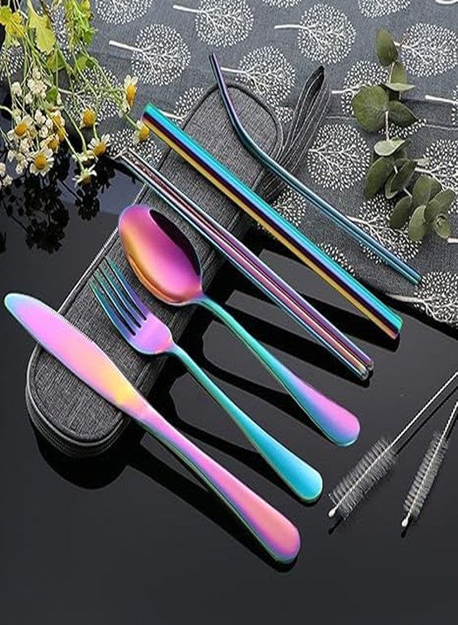 SUNBEET Rainbow Portable Set,Reusable Travel Silverware Dinnerware Cutlery Set with Case Stainless Steel Flatware Set for 8pcs Spoon - Image 2