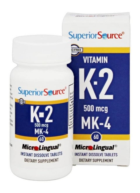 Vitamin K2 Mk4 (Menaquinone4) 500 Mcg Quick Dissolve Sublingual Tablets 60 Count Healthy Bones And Arteries Immune & Cardiovascular Support Assists Protein Synthesis Nongmo