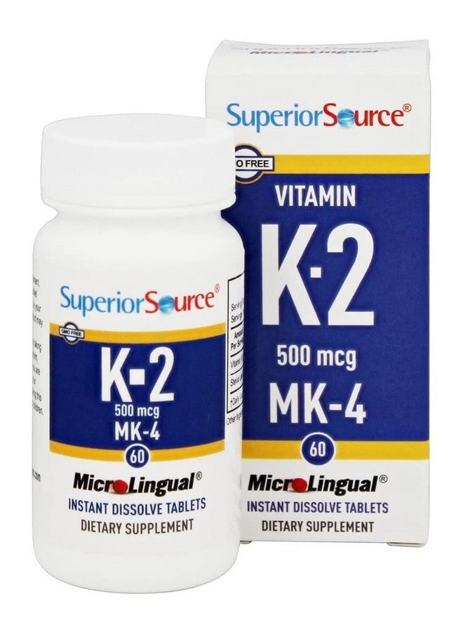 Superior Source Vitamin K2 Mk4 (Menaquinone4) 500 Mcg Quick Dissolve Sublingual Tablets 60 Count Healthy Bones And Arteries Immune & Cardiovascular Support Assists Protein Synthesis Nongmo  - Image 1