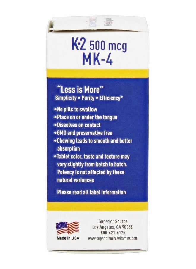 Superior Source Vitamin K2 Mk4 (Menaquinone4) 500 Mcg Quick Dissolve Sublingual Tablets 60 Count Healthy Bones And Arteries Immune & Cardiovascular Support Assists Protein Synthesis Nongmo  - Image 4