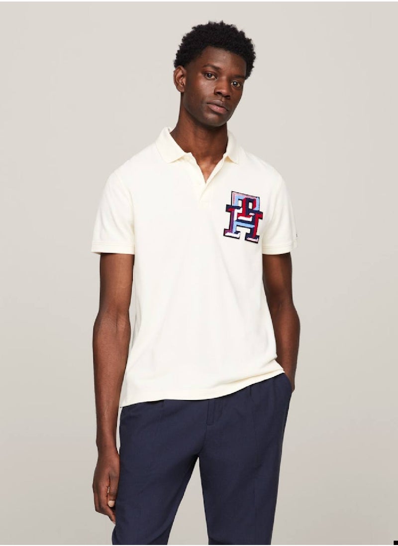 TOMMY HILFIGER - Men's Th Monogram Appliqué Regular Fit Polo -  Stretch organic cotton pique, Beige - Image 1