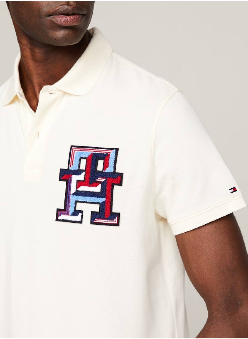 TOMMY HILFIGER - Men's Th Monogram Appliqué Regular Fit Polo -  Stretch organic cotton pique, Beige - Image 1