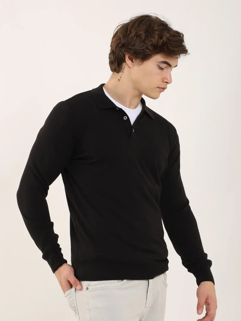 Dufy Black Men's Slim Fit Polo Neck Knitwear