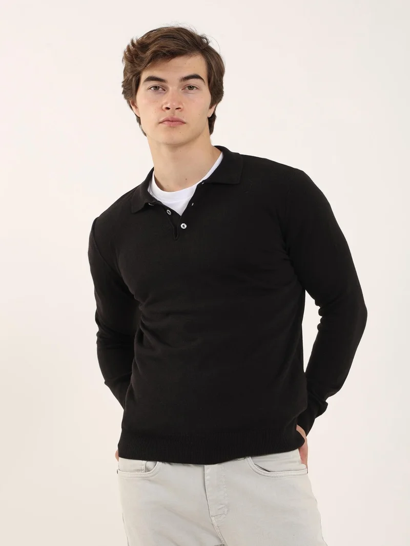 Dufy Black Men's Slim Fit Polo Neck Knitwear