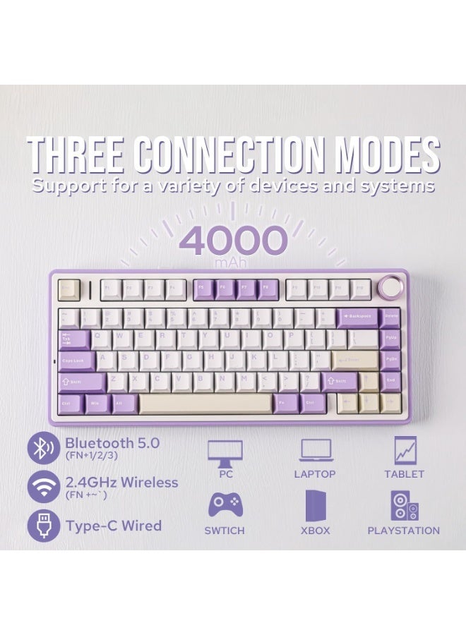 ابوماكر لوحة مفاتيح  F75 الميكانيكية، لوحة مفاتيح ألعاب لاسلكية قابلة للتبديل السريع بنسبة 75% مع حشوة ومقبض من خمس طبقات، بلوتوث/2.4 جيجاهرتز/USB-C، إضاءة RGB (بنفسجي، مفتاح ) - Image 3