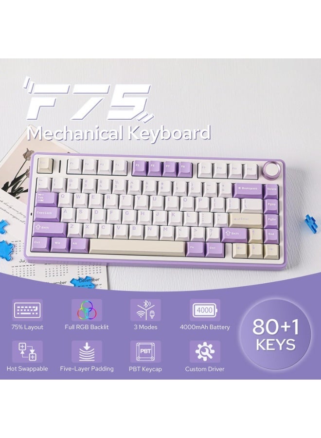 ابوماكر لوحة مفاتيح  F75 الميكانيكية، لوحة مفاتيح ألعاب لاسلكية قابلة للتبديل السريع بنسبة 75% مع حشوة ومقبض من خمس طبقات، بلوتوث/2.4 جيجاهرتز/USB-C، إضاءة RGB (بنفسجي، مفتاح ) - Image 4