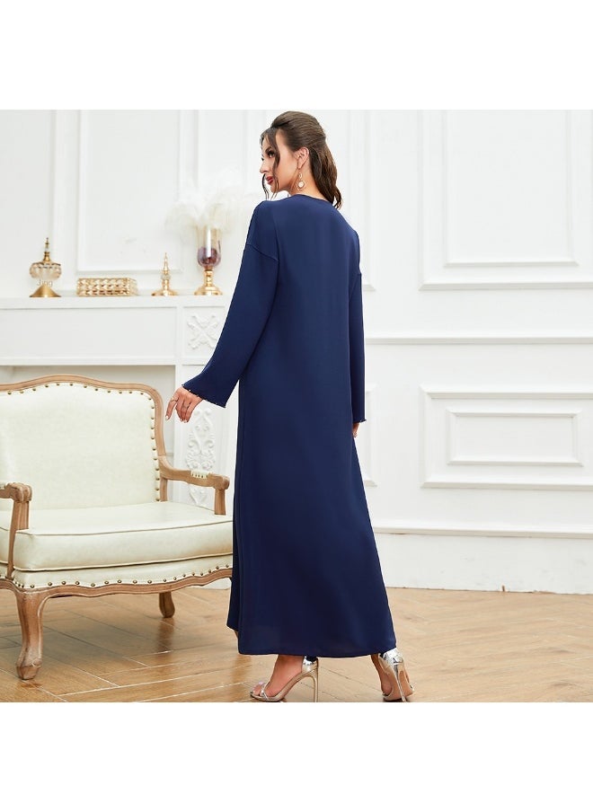 Navy Blue Diamante-Trimmed Slim Fit Long Tunic
