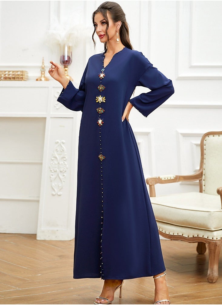 Navy Blue Diamante-Trimmed Slim Fit Long Tunic