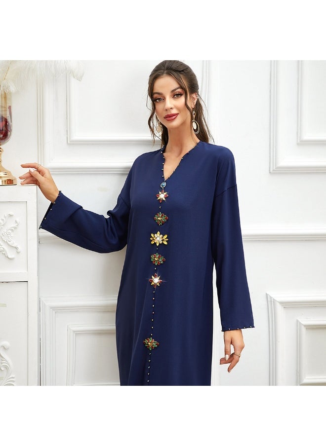 Navy Blue Diamante-Trimmed Slim Fit Long Tunic