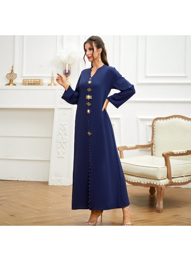 Navy Blue Diamante-Trimmed Slim Fit Long Tunic
