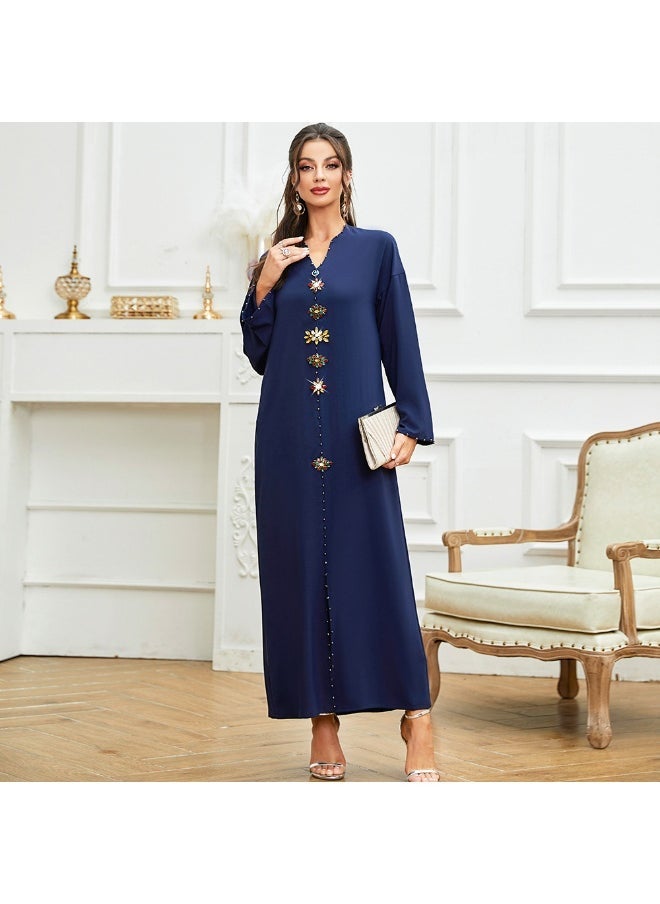 Navy Blue Diamante-Trimmed Slim Fit Long Tunic