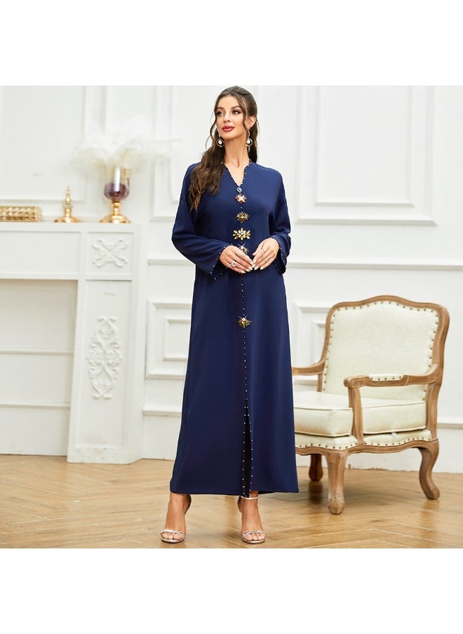 Navy Blue Diamante-Trimmed Slim Fit Long Tunic