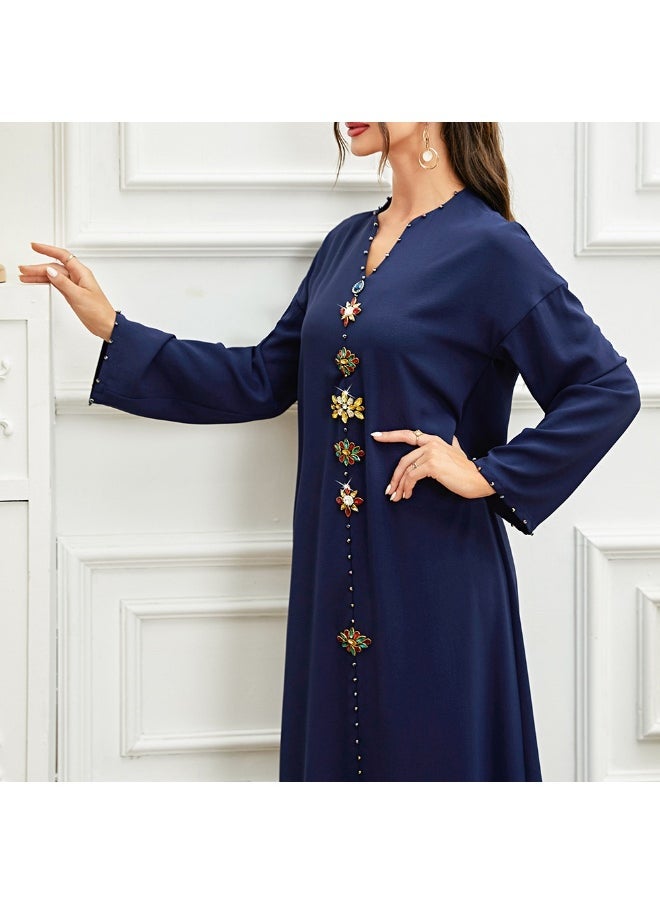 Navy Blue Diamante-Trimmed Slim Fit Long Tunic