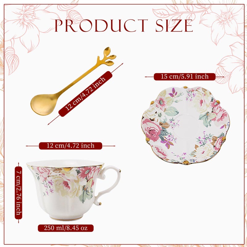 TATSUMI Country Roses Bone China Tea Cup and Saucer Set, 3 Pieces, Vintage Style, For Women and Tea Parties(Pink,1 Set) - Image 2