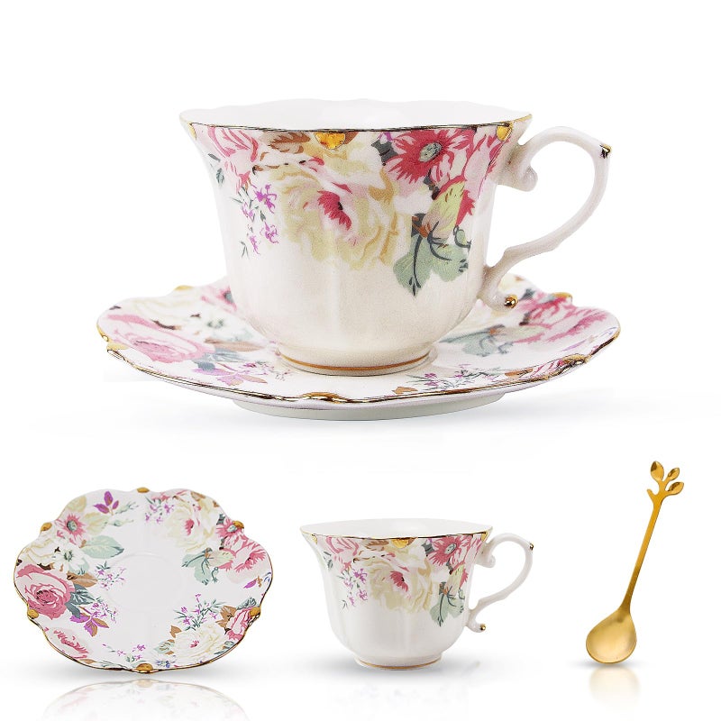 TATSUMI Country Roses Bone China Tea Cup and Saucer Set, 3 Pieces, Vintage Style, For Women and Tea Parties(Pink,1 Set) - Image 1
