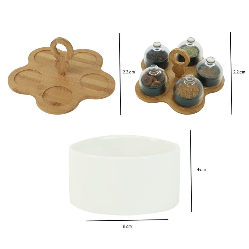 FabSeasons Ceramic Serving Tray with Glass Cloche and Wooden Tray - Set of 5 Elegant Design, Perfect for Serving Snacks, Dry Fruits, Salad, Desserts (White) - Image 2