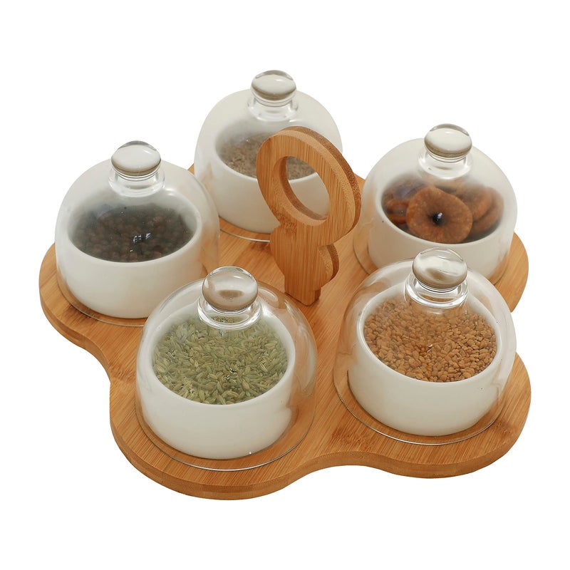 FabSeasons Ceramic Serving Tray with Glass Cloche and Wooden Tray - Set of 5 Elegant Design, Perfect for Serving Snacks, Dry Fruits, Salad, Desserts (White) - Image 1