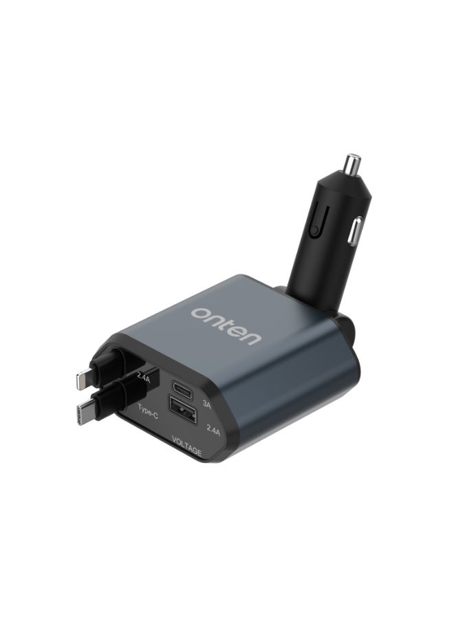 onten CW71 4-in-1 Retractable Car Charger - Output power 66W Lightning and USB-C cables, plus USB-A and USB-C ports - Image 1