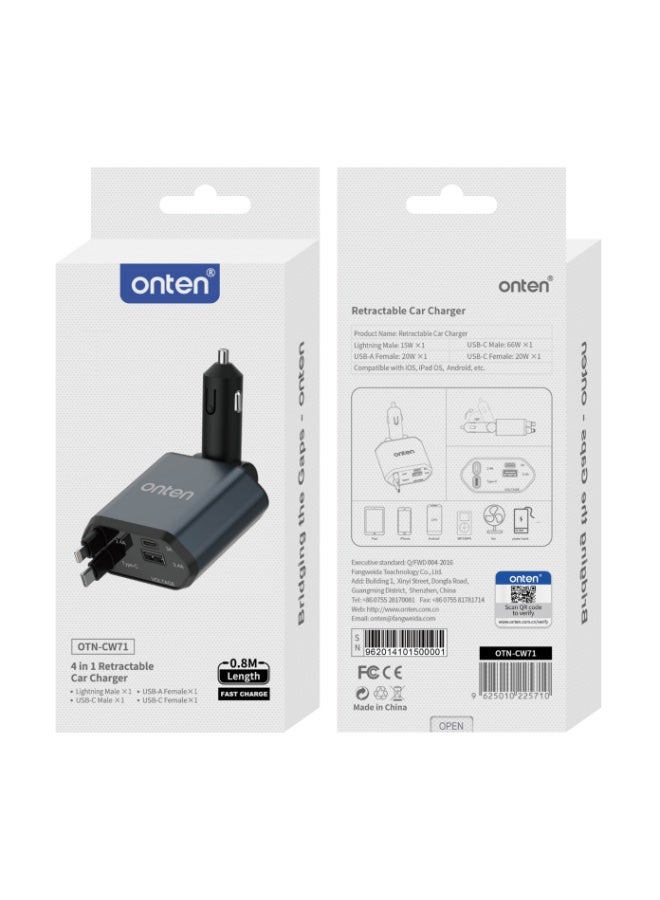 onten CW71 4-in-1 Retractable Car Charger - Output power 66W Lightning and USB-C cables, plus USB-A and USB-C ports - Image 2