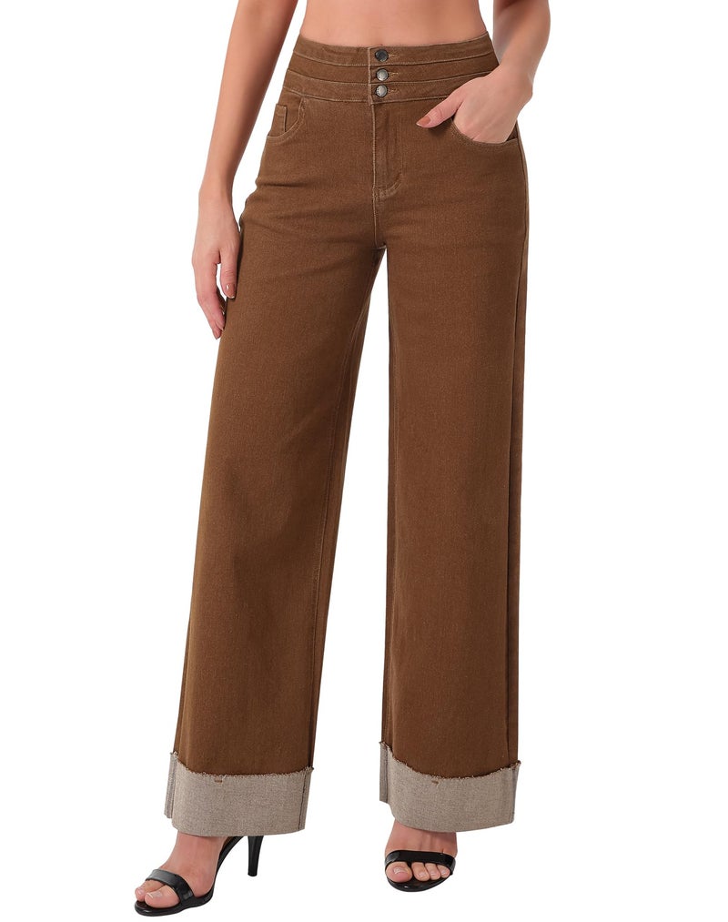 roswear Women's High Waisted Stretchy Wide Leg Jeans Cuffed Baggy Jeans Loose Denim Pants Saddle Brown Large - Image 1