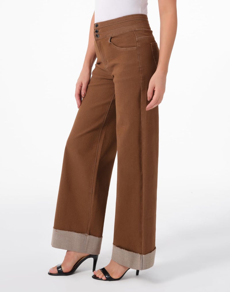roswear Women's High Waisted Stretchy Wide Leg Jeans Cuffed Baggy Jeans Loose Denim Pants Saddle Brown Large - Image 2