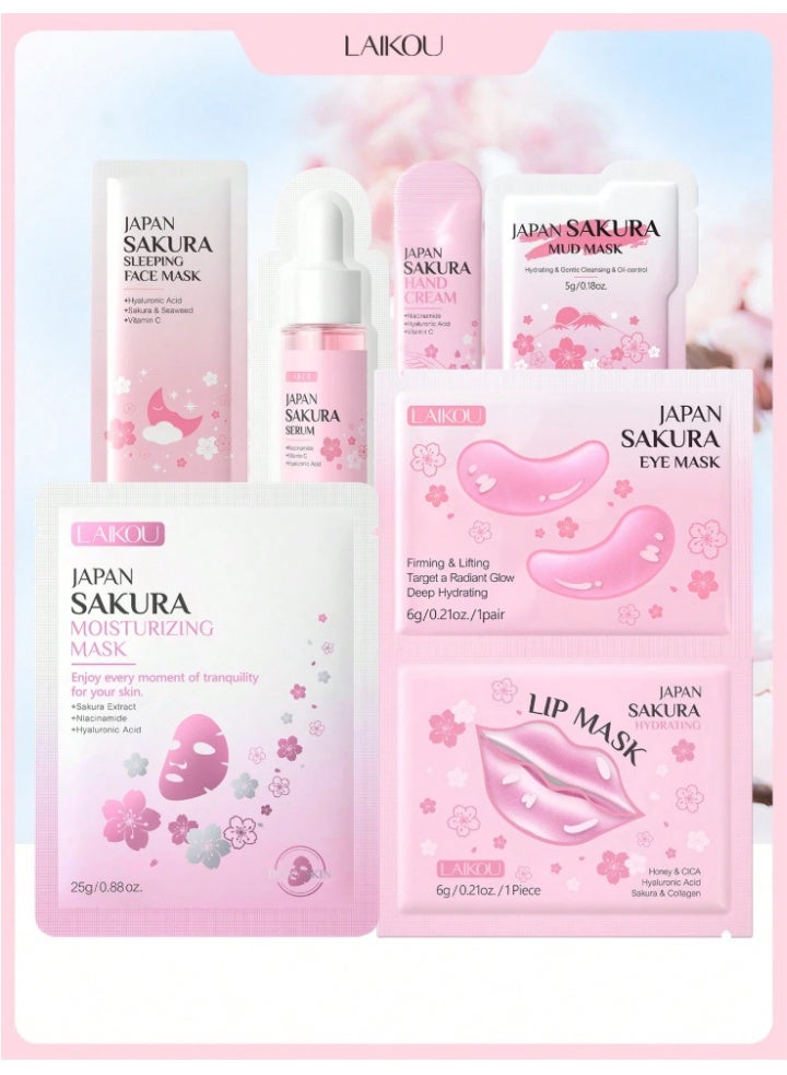 لايكو مجموعة العناية بالبشرة 7 قطع بالساكورا اليابانية - قناع نوم ويد وكريم ترطيب وإسنس ومضاد للتجاعيد - Image 1