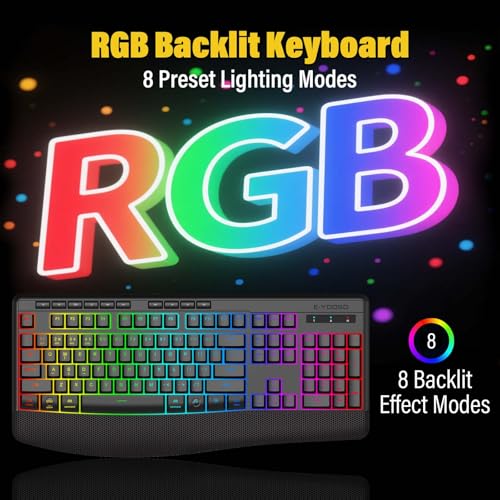 E-YOOSO Wireless Bluethooth Silent Backlit Gaming Keyboard,Tri-Mode BT5.0/2.4GHz/Wired,8 RGB Light up,Ergonomic,USB C Rechargeable,for Typing/Office/Home/PC Computer/Mac/Laptop/IPad/Xbox/PS5 - Image 2