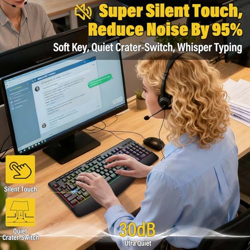 E-YOOSO Wireless Bluethooth Silent Backlit Gaming Keyboard,Tri-Mode BT5.0/2.4GHz/Wired,8 RGB Light up,Ergonomic,USB C Rechargeable,for Typing/Office/Home/PC Computer/Mac/Laptop/IPad/Xbox/PS5 - Image 3