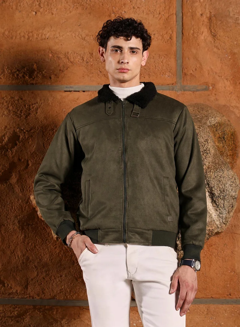 Campus Sutra Men's Seaweed Green Contrast Sherpa-Lined Suede Bomber Jacket | Point Collar , Ribbed Cuff Sleeves , Zipper  Closure , Ribbed-Straight Hem | Solid Textured For Casual & Daily Wear