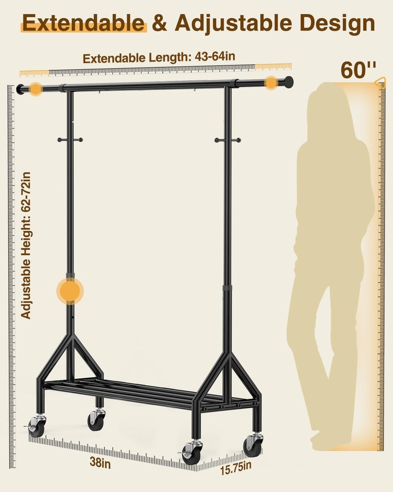 Fybee Heavy Duty Clothes Rack Load 520LBS, Adjustable Rolling Clothing Rack with Sturdy Wheel, Metal Industrial Closet Garment Racks for Hanging Clothes Coat, Portable for Bedroom, Laundry Living Room - Image 5