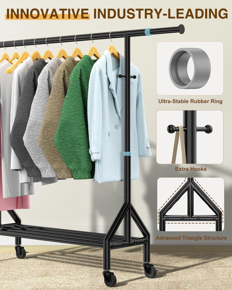Fybee Heavy Duty Clothes Rack Load 520LBS, Adjustable Rolling Clothing Rack with Sturdy Wheel, Metal Industrial Closet Garment Racks for Hanging Clothes Coat, Portable for Bedroom, Laundry Living Room - Image 3