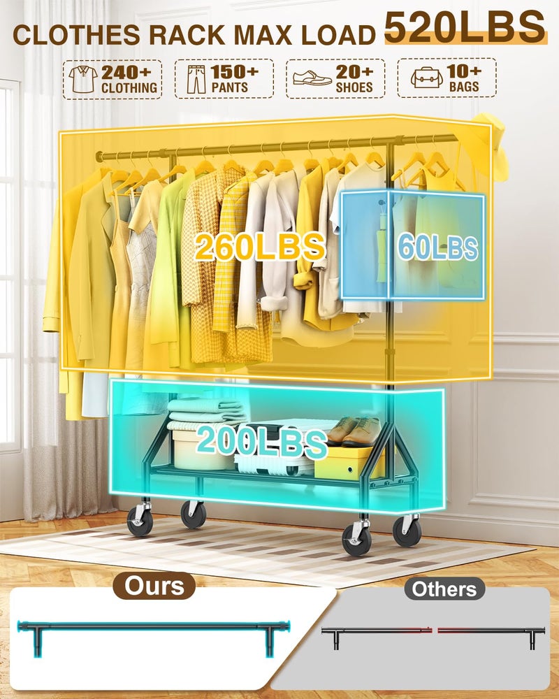 Fybee Heavy Duty Clothes Rack Load 520LBS, Adjustable Rolling Clothing Rack with Sturdy Wheel, Metal Industrial Closet Garment Racks for Hanging Clothes Coat, Portable for Bedroom, Laundry Living Room - Image 2