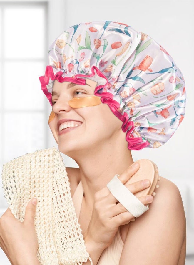 Aquior Shower Caps, Reusable Shower Cap for Women, Double Layer Waterproof Hair Cap, Pink Microfiber Large Size for All Hair Lengths,for Girls Spa Home Salon Use (Tulip flower) - Image 4