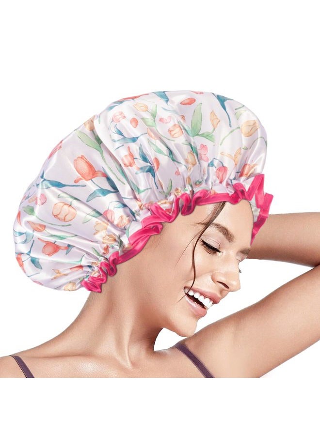 Aquior Shower Caps, Reusable Shower Cap for Women, Double Layer Waterproof Hair Cap, Pink Microfiber Large Size for All Hair Lengths,for Girls Spa Home Salon Use (Tulip flower) - Image 1