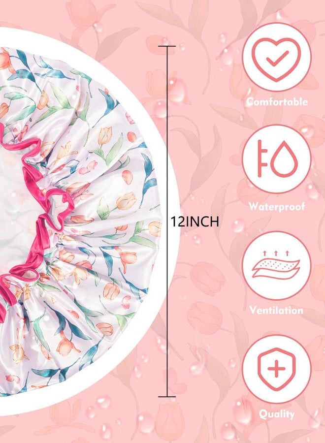 Aquior Shower Caps, Reusable Shower Cap for Women, Double Layer Waterproof Hair Cap, Pink Microfiber Large Size for All Hair Lengths,for Girls Spa Home Salon Use (Tulip flower) - Image 2