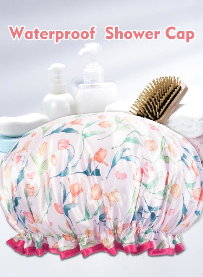 Aquior Shower Caps, Reusable Shower Cap for Women, Double Layer Waterproof Hair Cap, Pink Microfiber Large Size for All Hair Lengths,for Girls Spa Home Salon Use (Tulip flower) - Image 5