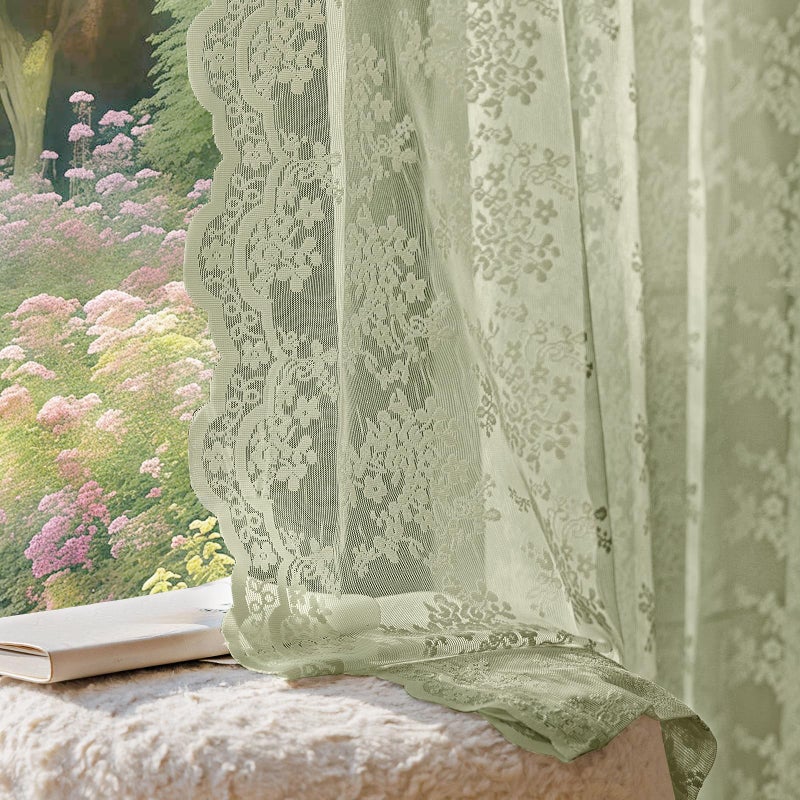 Anmao Vintage Lace Curtains 84 Inches Long 2 Panels Set, Romantic Elegant Light Filtering Semi Sheer Floral Thick Lacy Curtain Drapes for Living Room and Bedroom, Each Panel 55W x 84L, Dry Grass Green - Image 1