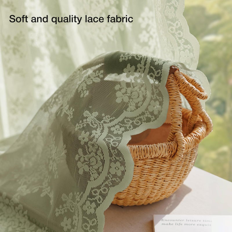 Anmao Vintage Lace Curtains 84 Inches Long 2 Panels Set, Romantic Elegant Light Filtering Semi Sheer Floral Thick Lacy Curtain Drapes for Living Room and Bedroom, Each Panel 55W x 84L, Dry Grass Green - Image 5