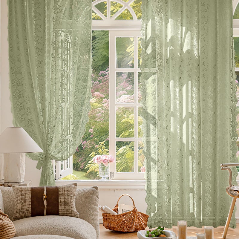 Anmao Vintage Lace Curtains 84 Inches Long 2 Panels Set, Romantic Elegant Light Filtering Semi Sheer Floral Thick Lacy Curtain Drapes for Living Room and Bedroom, Each Panel 55W x 84L, Dry Grass Green - Image 2