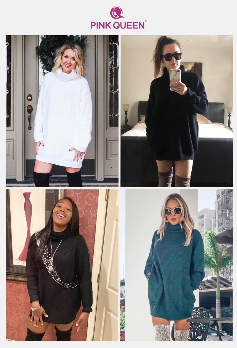 Pink Queen Women's Loose Turtleneck Oversize Long Pullover Sweater Dress White M - Image 5