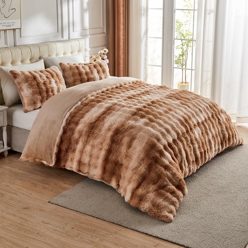 Lotus Karen Lotus Karen Fluffy Comforter Cover Set-Rabbit Fluff Faux Fur Duvet Cover Queen Size Tie-Dye Coffee Plush Fuzzy Furry Bedding Sets 3Pieces(1 Duvet Cover & 2 Pillow Shams) Zipper Closure  - Image 2