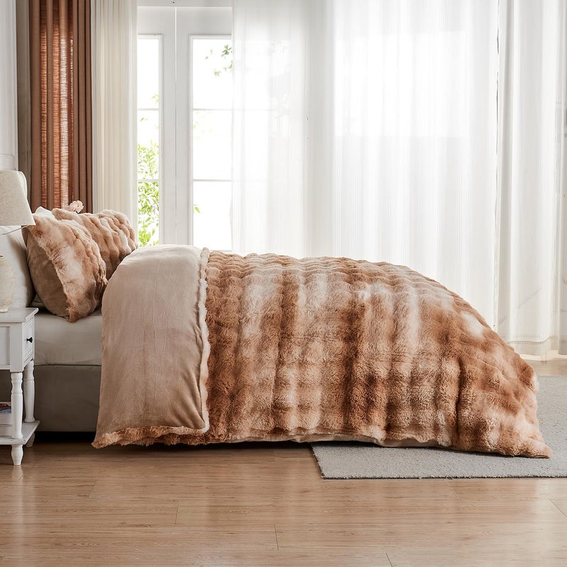 Lotus Karen Lotus Karen Fluffy Comforter Cover Set-Rabbit Fluff Faux Fur Duvet Cover Queen Size Tie-Dye Coffee Plush Fuzzy Furry Bedding Sets 3Pieces(1 Duvet Cover & 2 Pillow Shams) Zipper Closure  - Image 5