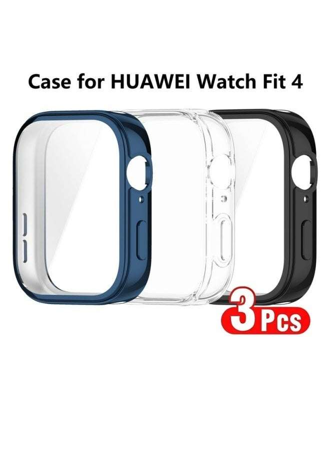 3 قطع غطاء حماية لساعة هواوي فيت 4، مصنوع من مادة TPU الناعمة، يغطي الشاشة بالكامل، مقاوم للخدوش والفقاعات والتآكل، مناسب للاستخدام اليومي والرياضة والعمل والأنشطة الخارجية، متوفر باللون الأسود والشفاف والأزرق. - Image 1